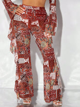SXY Paisley Print Ruffle Trim Flare Leg Pants